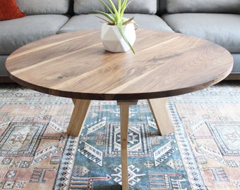 36" Round Solid Natural Walnut Coffee Table with Solid White Oak Legs, Mid-Century Modern, Tapered Legs, Mixed Wood Coffee Table