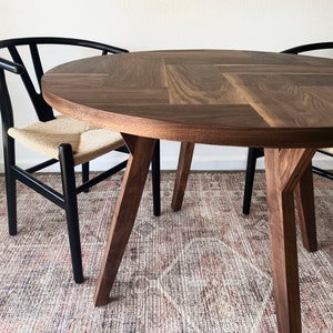 Round Natural Walnut Herringbone Dining Table, Solid Tapered Wood Legs, Mid-Century Modern, Kitchen Nook Table, Small Bistro, Contemporary