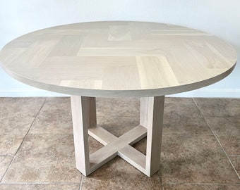 Round White Oak X-style Pedestal Dining Table with Herringbone Top, Wood Cross Base, Kitchen Nook, Banquette, Made to Order