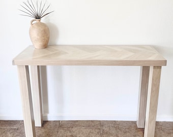 White Oak Wood Console Table with Herringbone Top, Wood 4-Post Legs, Back of Sofa Table, Entryway Table, Narrow Table, Made to Order