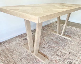 White Oak Trestle Style Dining Table w/ Herringbone Top, Wood Pedestal Legs, Farmhouse, Kitchen Nook, Banquette Table, Made-to-Order