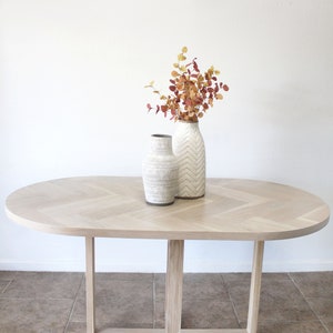 Oval White Oak Herringbone Dining Table, Cross X-shaped Pedestal Wood Base, Banquette Dining ...