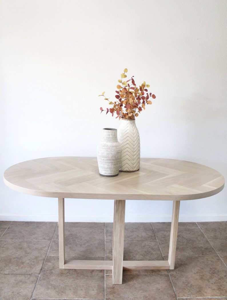 Oval White Oak Herringbone Dining Table, Cross X-shaped Pedestal Wood ...