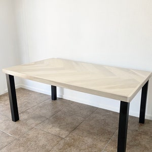 Modern White Oak Herringbone Dining Table: Industrial Black Metal Legs, Contemporary Style