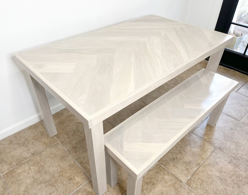 White Oak Single Herringbone Dining Table and Matching Bench, White Oak Wood 4-post Legs, Dining Table & Bench Set, Made to Order image 1