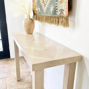 Mesa consola de madera de roble blanco con tapa de espiga, patas de madera de 4 postes, parte posterior de la mesa del sofá, mesa de entrada, mesa estrecha, hecha a pedido imagen 4