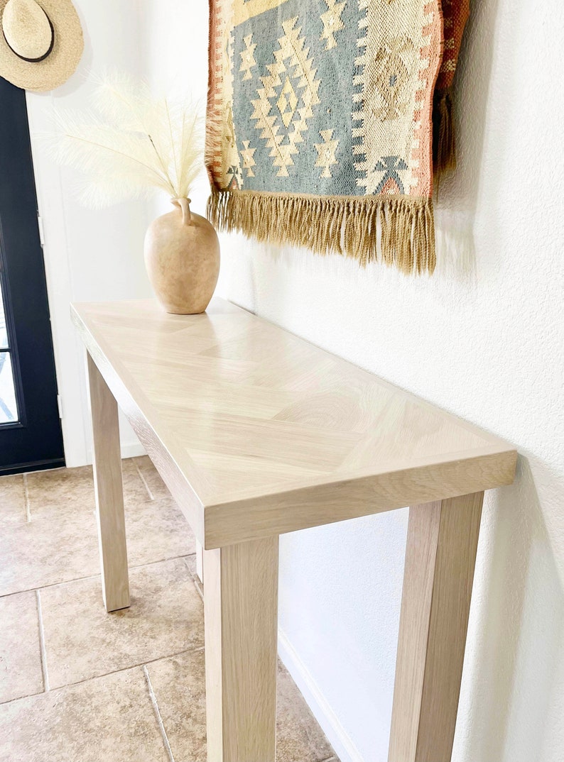 Mesa consola de madera de roble blanco con tapa de espiga, patas de madera de 4 postes, parte posterior de la mesa del sofá, mesa de entrada, mesa estrecha, hecha a pedido imagen 4