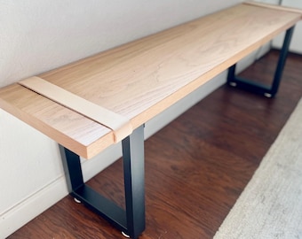 Natural Oak Wood Entryway Bench with Leather Straps: Modern, Rustic, End of Bed, Solid Red Oak, Metal U-shape Legs