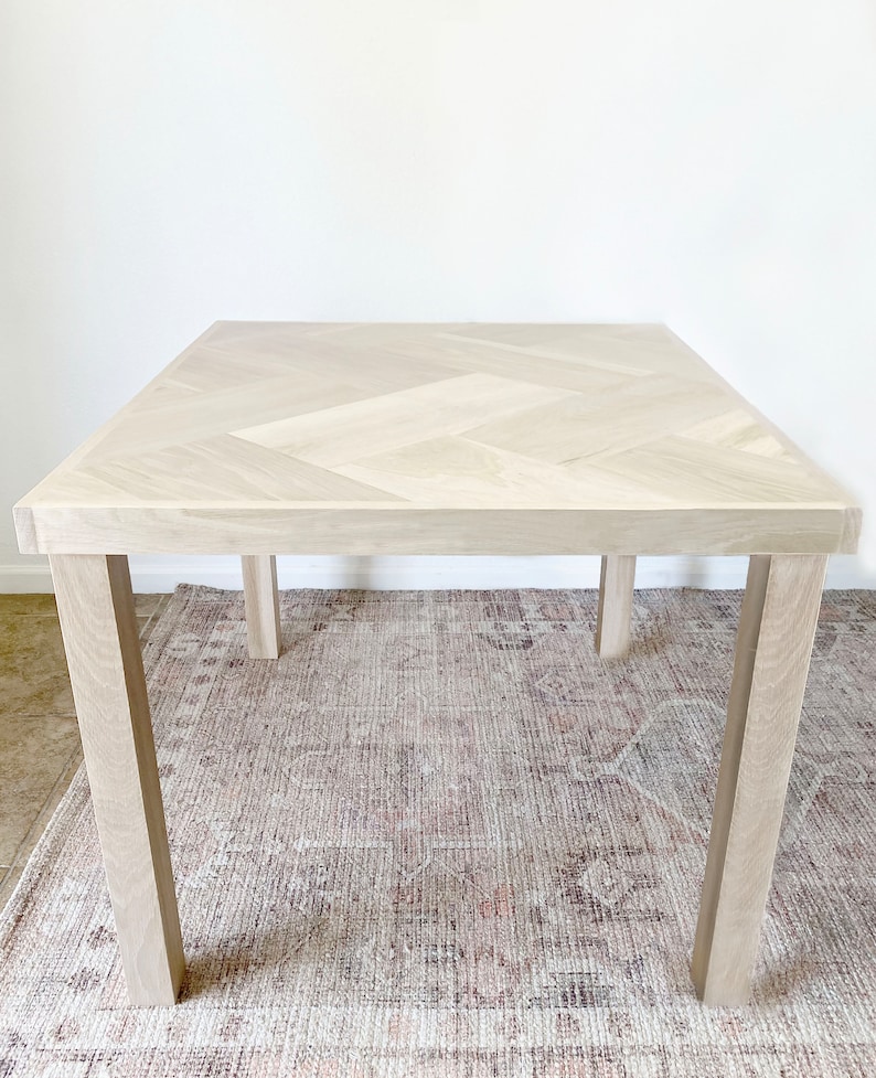 Square White Oak Dining Table with Herringbone Top, Wood 4-Post or Hairpin Legs, Kitchen or Nook Table, Small Bistro, Made to Order image 5