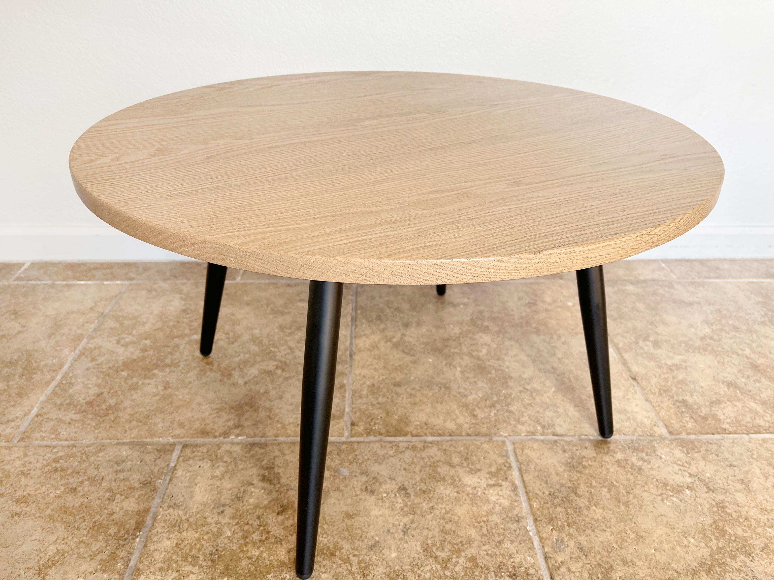Round Modern Solid Red Oak Wood Coffee Table, Black Metal Angled Taper ...