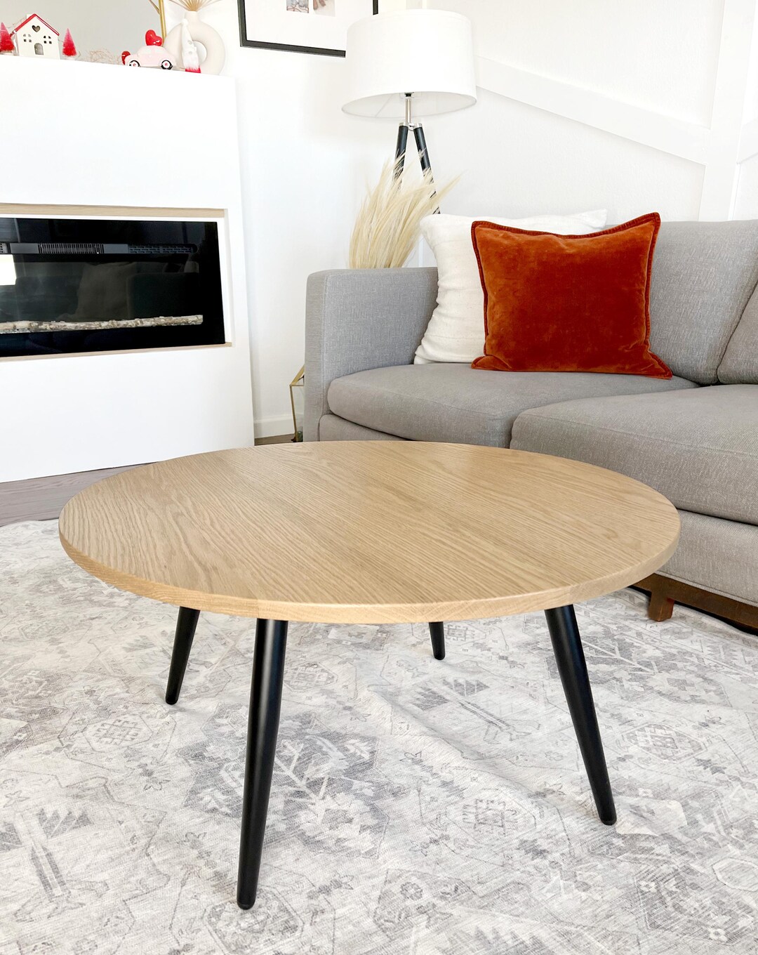 Round Modern Solid Red Oak Wood Coffee Table, Black Metal Angled Taper ...
