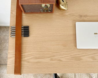 Modern Solid Oak Wood Desk with Leather Straps: Laptop Desk, Computer Desk, Home Office Desk, Black Metal Legs