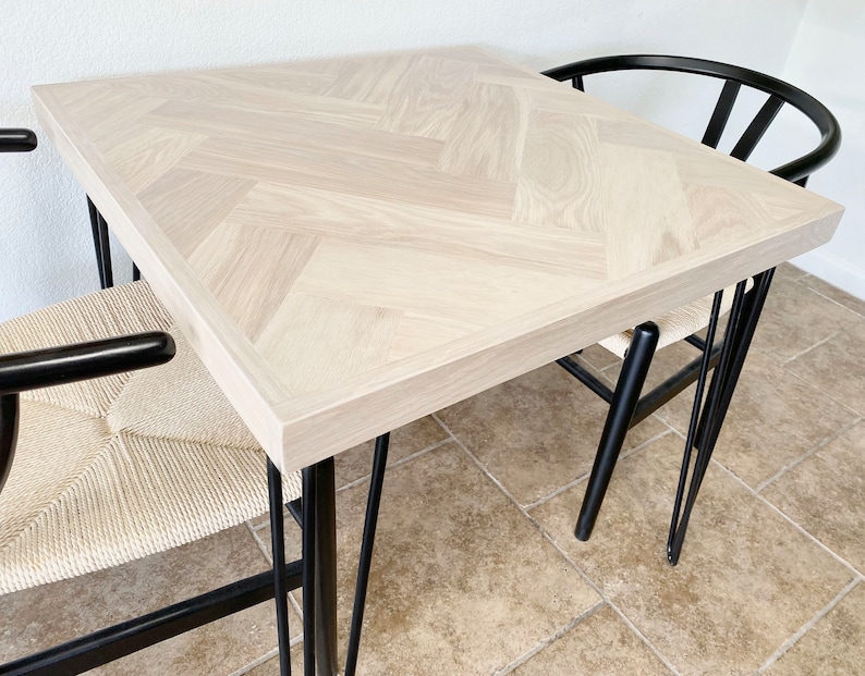 Square White Oak Dining Table with Herringbone Top, Wood 4-Post or Hairpin Legs, Kitchen or Nook Table, Small Bistro, Made to Order image 3