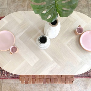 Oval White Oak Herringbone Dining Table, Cross X-shaped Pedestal Wood Base, Banquette Dining, Kitchen Nook, Rounded Top, Coastal, Modern