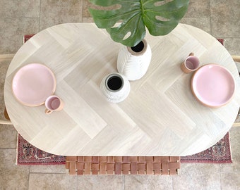 Oval White Oak Herringbone Dining Table, Cross X-shaped Pedestal Wood Base, Banquette Dining, Kitchen Nook, Rounded Top, Coastal, Modern