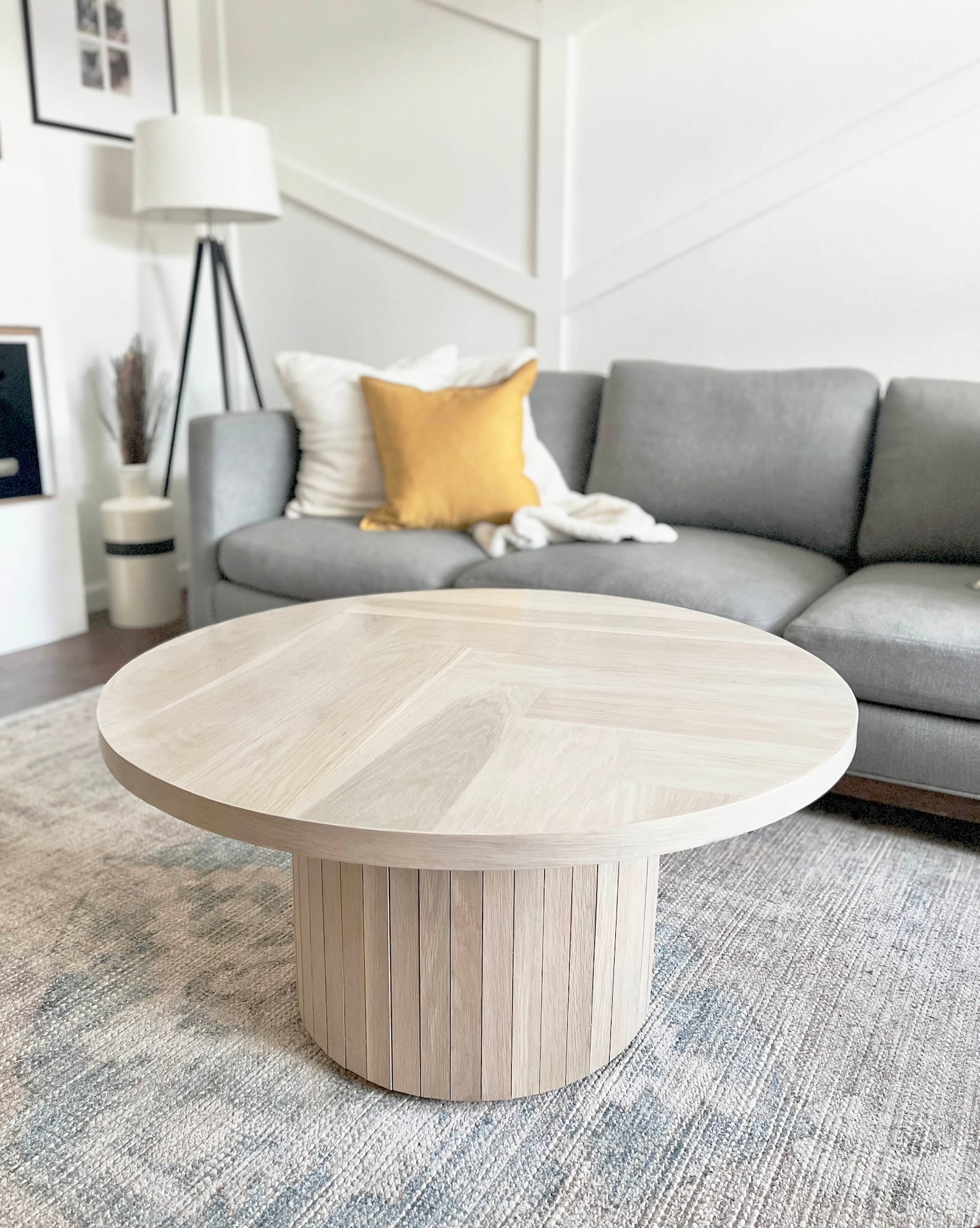 Round White Oak Wood Pedestal Coffee Table: Herringbone Top, Fluted ...