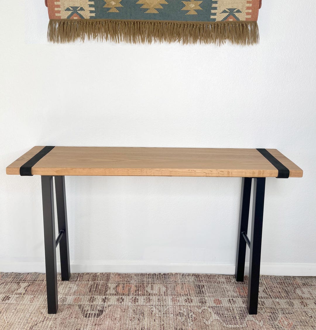 Modern Solid Red Oak Console Table With Black Leather Straps: Entryway ...