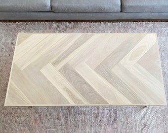 White Oak Herringbone Coffee Table with Black Metal Hairpin Legs / Mid-Century Modern, Rectangle Top, Living Room Table, Made to Order