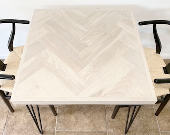 Square White Oak Dining Table with Herringbone Top, Wood 4-Post or Hairpin Legs, Kitchen or Nook Table, Small Bistro, Made to Order