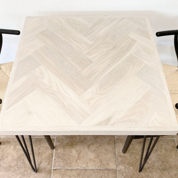 Square White Oak Dining Table with Herringbone Top, Wood 4-Post or Hairpin Legs, Kitchen or Nook Table, Small Bistro, Made to Order