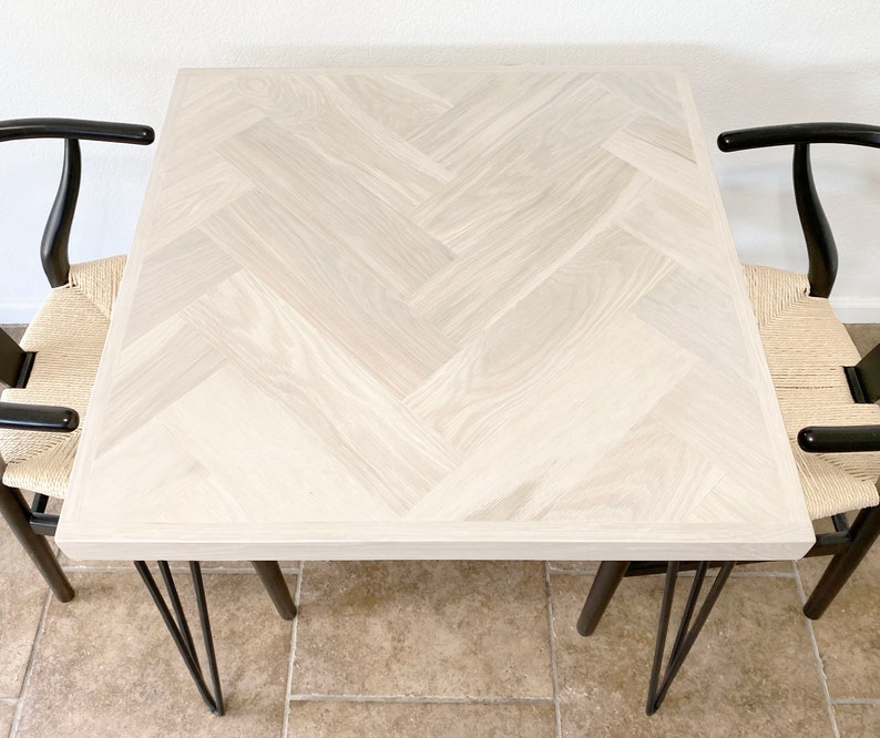 Square White Oak Dining Table with Herringbone Top, Wood 4-Post or Hairpin Legs, Kitchen or Nook Table, Small Bistro, Made to Order image 1