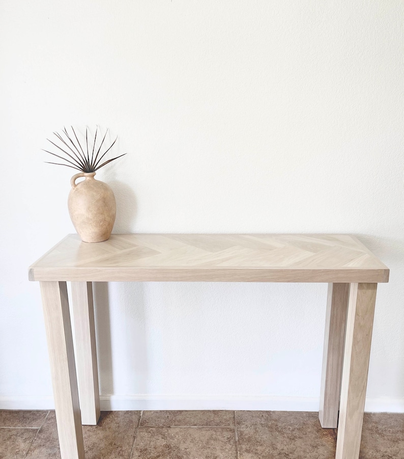 Mesa consola de madera de roble blanco con tapa de espiga, patas de madera de 4 postes, parte posterior de la mesa del sofá, mesa de entrada, mesa estrecha, hecha a pedido imagen 1