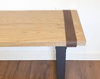 Solid Red Oak Wood Bench with Brown Leather Straps: Rustic, Modern, Small Entryway Stool