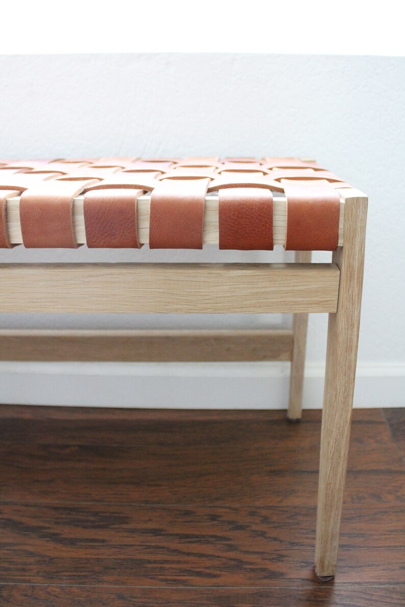 Leather Woven Bench With Solid White Oak Wood Frame End of Etsy