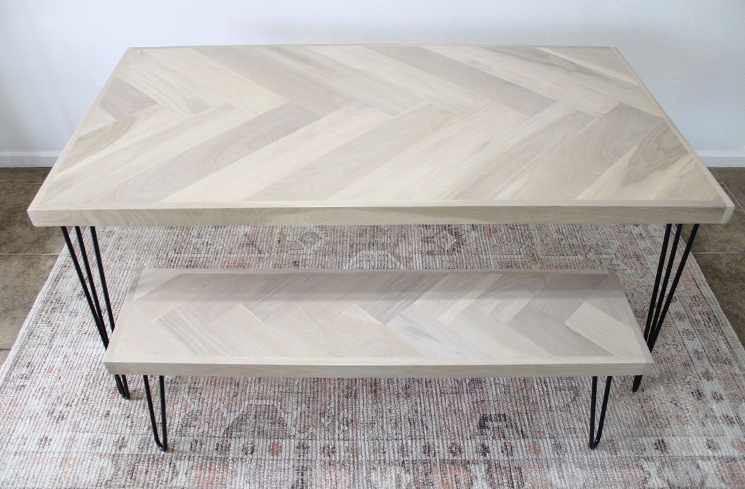 White Oak Single Herringbone Dining Table W/ Metal Hairpin Legs ...