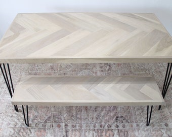 White Oak Single Herringbone Dining Table w/ Metal Hairpin Legs, Matching Bench, Wood Dining Table & Bench Set, Modern Dining, Contemporary