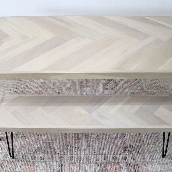 White Oak Single Herringbone Dining Table with Metal Hairpin Legs and Matching Bench, Dining Table & Bench Set, Made to Order