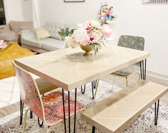 White Oak Double Herringbone Dining Table, Metal Hairpin Legs