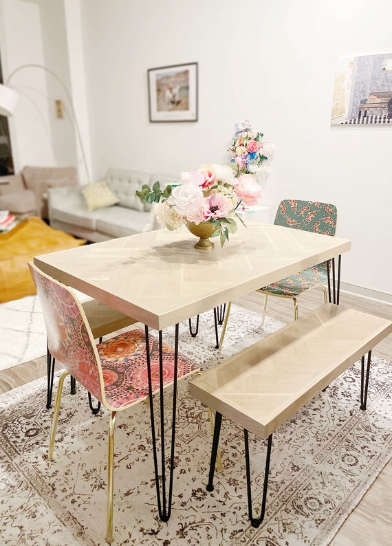 White Oak Double Herringbone Dining Table, Metal Hairpin Legs
