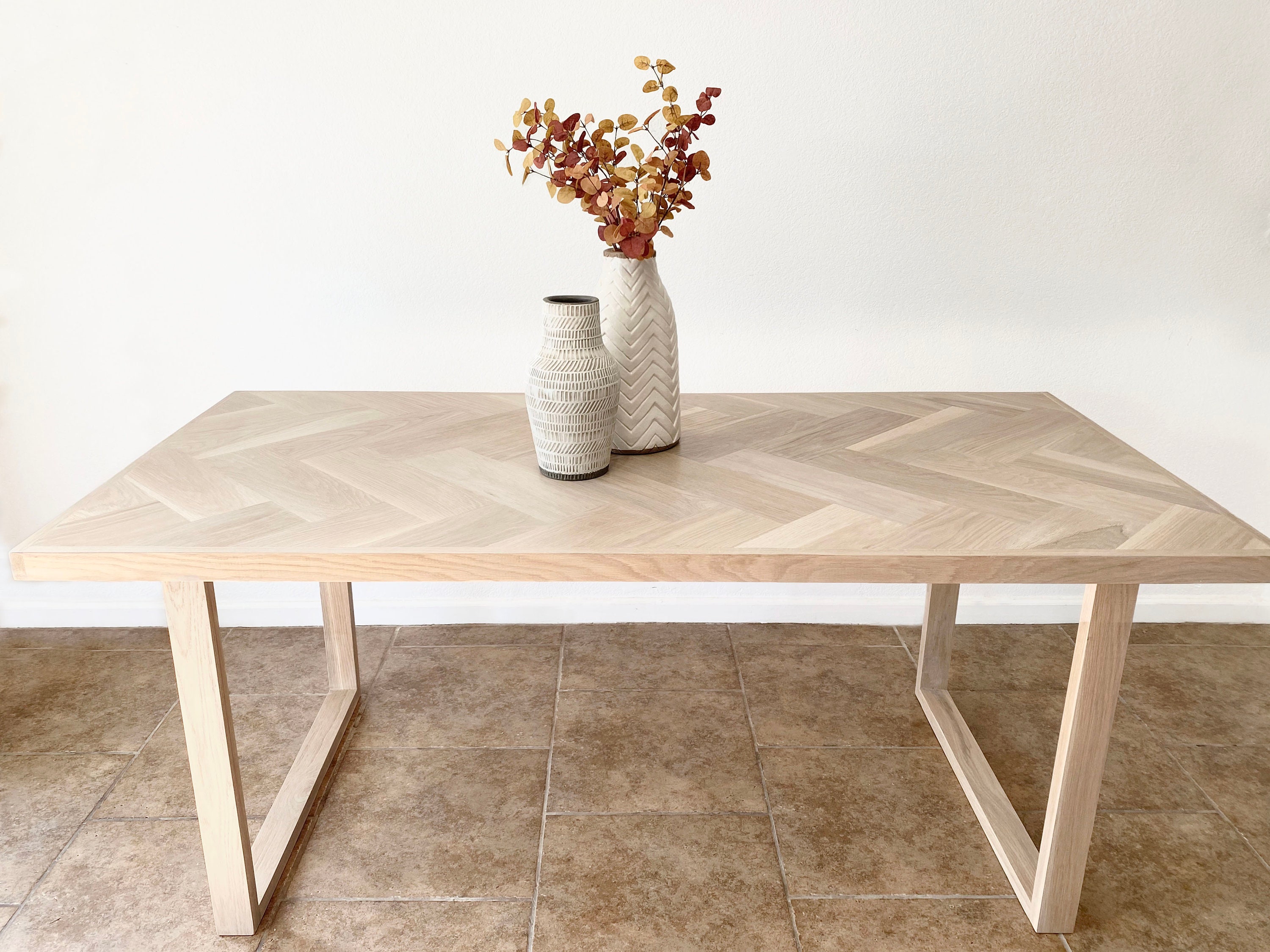 Modern White Oak Wood Herringbone Dining Table, White Oak Modern White Oak Wood Herringbone Dining Table, White Oak