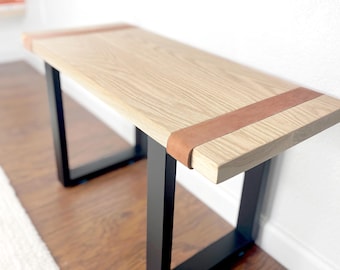 Solid White Oak Wood Bench w/ Leather Straps, Entryway, Foyer, Bedroom, Modern, Rustic, End of Bed, Stool, Metal U-shape Legs, Slim Bench