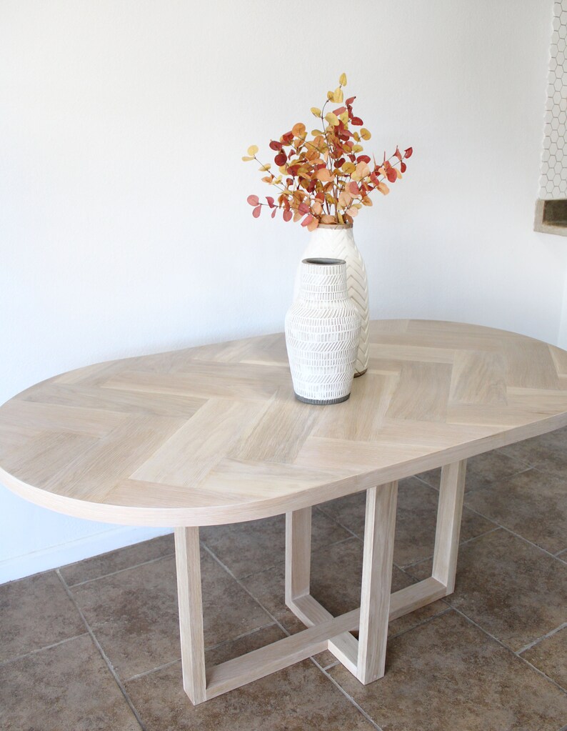 Oval White Oak Herringbone Dining Table Kitchen Table Solid Etsy