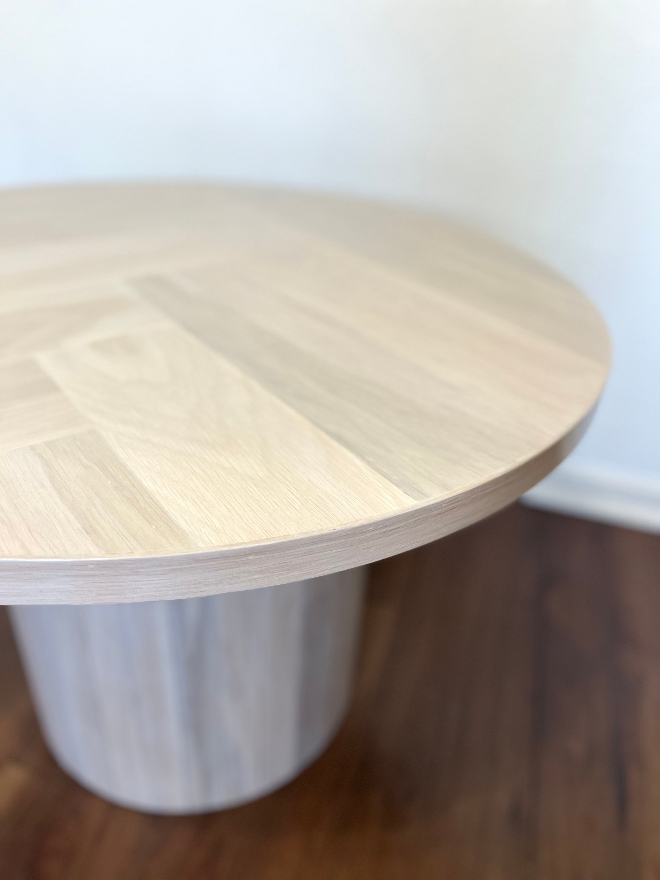 Round White Oak Wood Pedestal Coffee Table: Herringbone Top, Fluted ...
