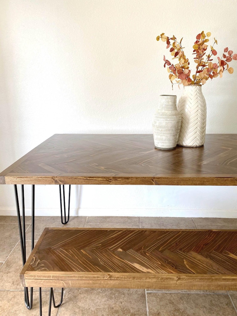 Rustic Wood Herringbone Bench in Walnut Finish: Dining Room Table Bench ...