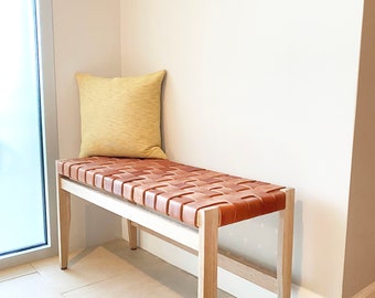 Leather Woven Bench with Solid White Oak Wood Frame, End of Bed Bench, Entryway Bench, Genuine Cognac Leather, Modern Bench, Made to Order