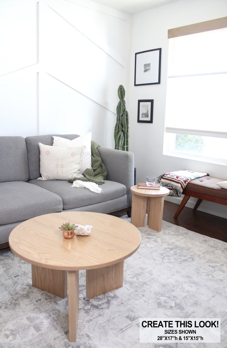 Modern Oak Wood Coffee Table With Round Top, Solid Red Oak, Minimal ...