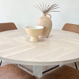 Round White Oak Herringbone Pedestal Dining Table, Wood X-base, Cross ...