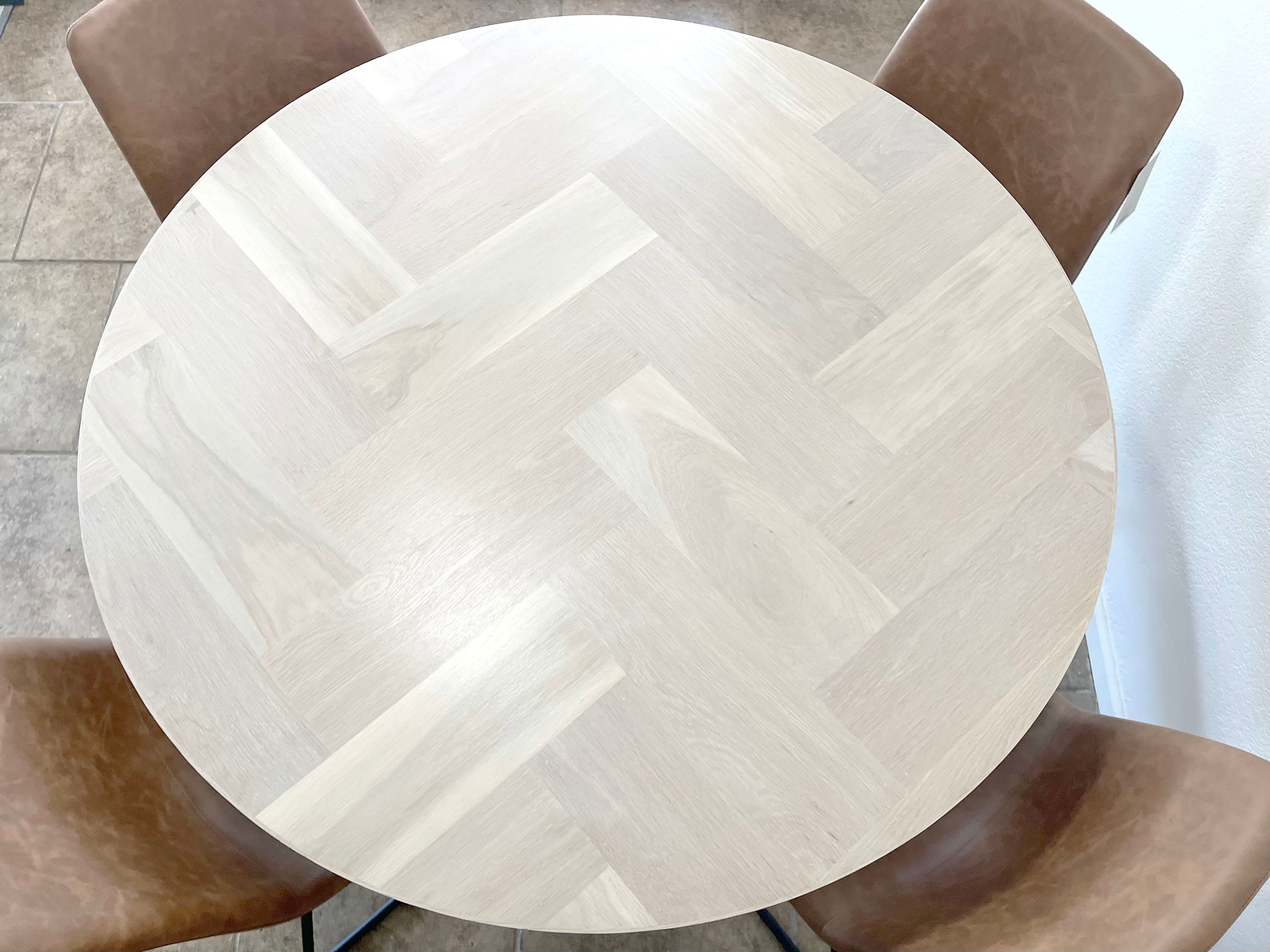 Round White Oak Herringbone Pedestal Dining Table, Wood X-base, Cross ...