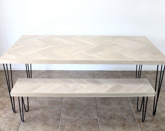 White Oak Double Herringbone Dining Table w/ Metal Hairpin Legs, Matching Bench, Wood Dining Table & Bench Set, Coastal Dining, Farmhouse