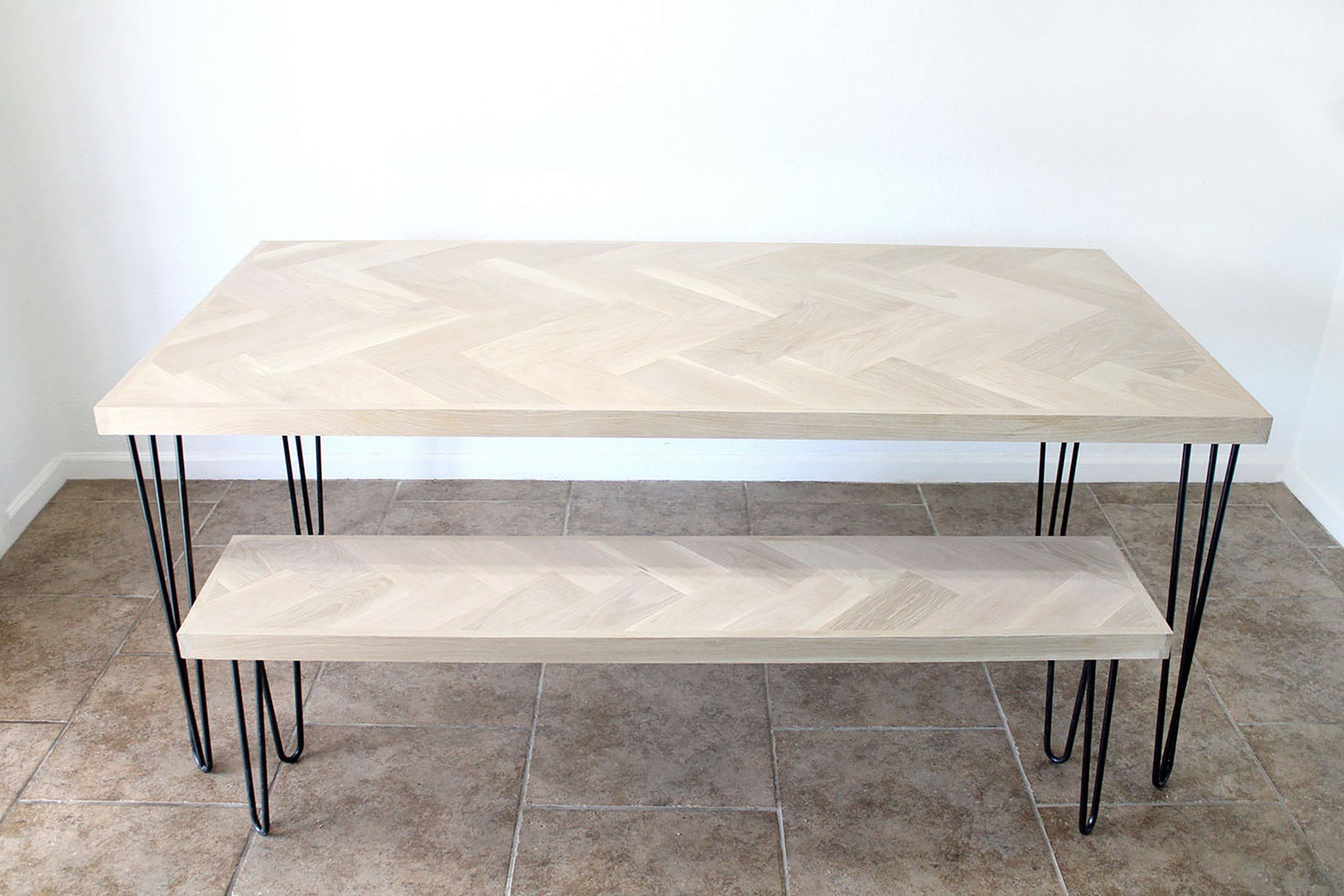 White Oak Double Herringbone Dining Table W/ Metal Hairpin Legs ...