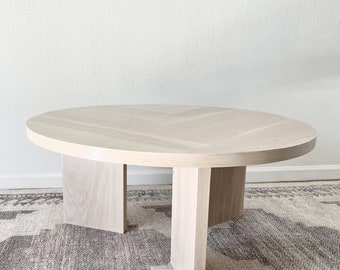 Modern Round White Oak Wood Coffee Table, Herringbone Top, Living Room Table, Circular, Contemporary, Minimal, Made to Order