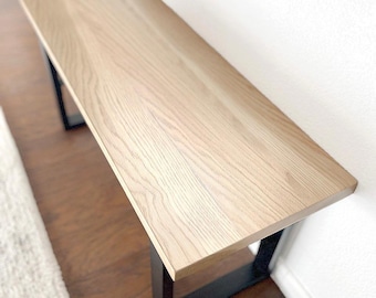 Solid White Oak Wood Entryway Bench: End of Bed Bench, Shoe Storage, Modern Metal U-shape Legs