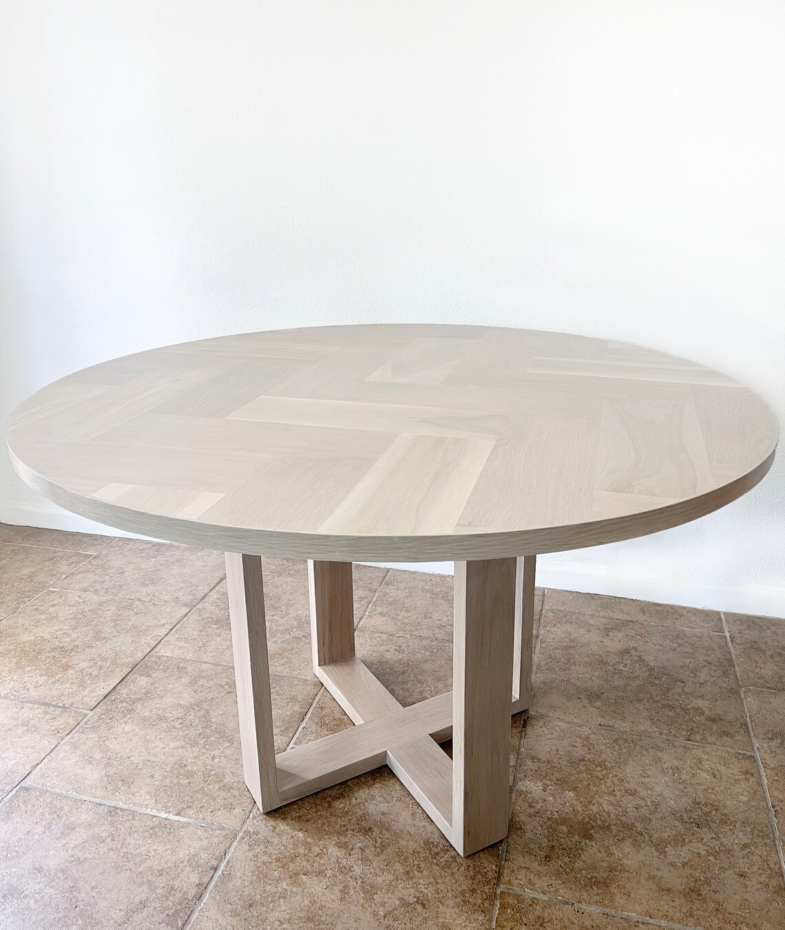 Round White Oak Herringbone Pedestal Dining Table, Wood X-base, Cross ...