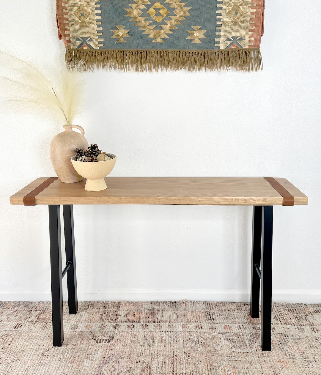Solid Red Oak Wood Console Table With Leather Straps: Rustic Entryway ...