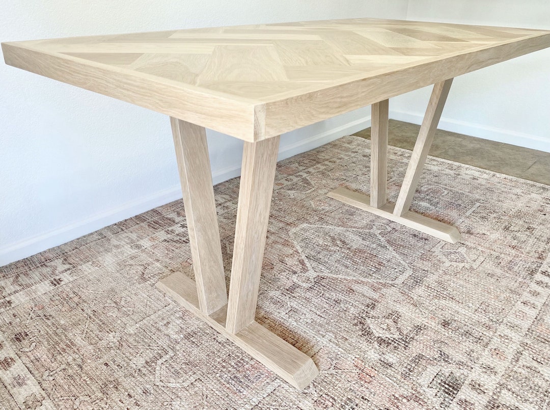 White Oak Trestle Style Dining Table W/ Herringbone Top, Wood Pedestal