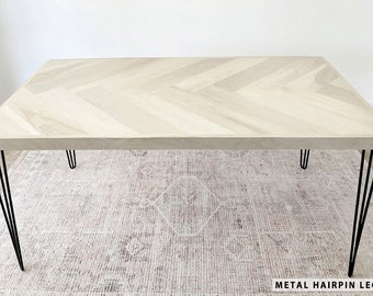 Modern White Oak Single Herringbone Dining Table, Metal or Wood